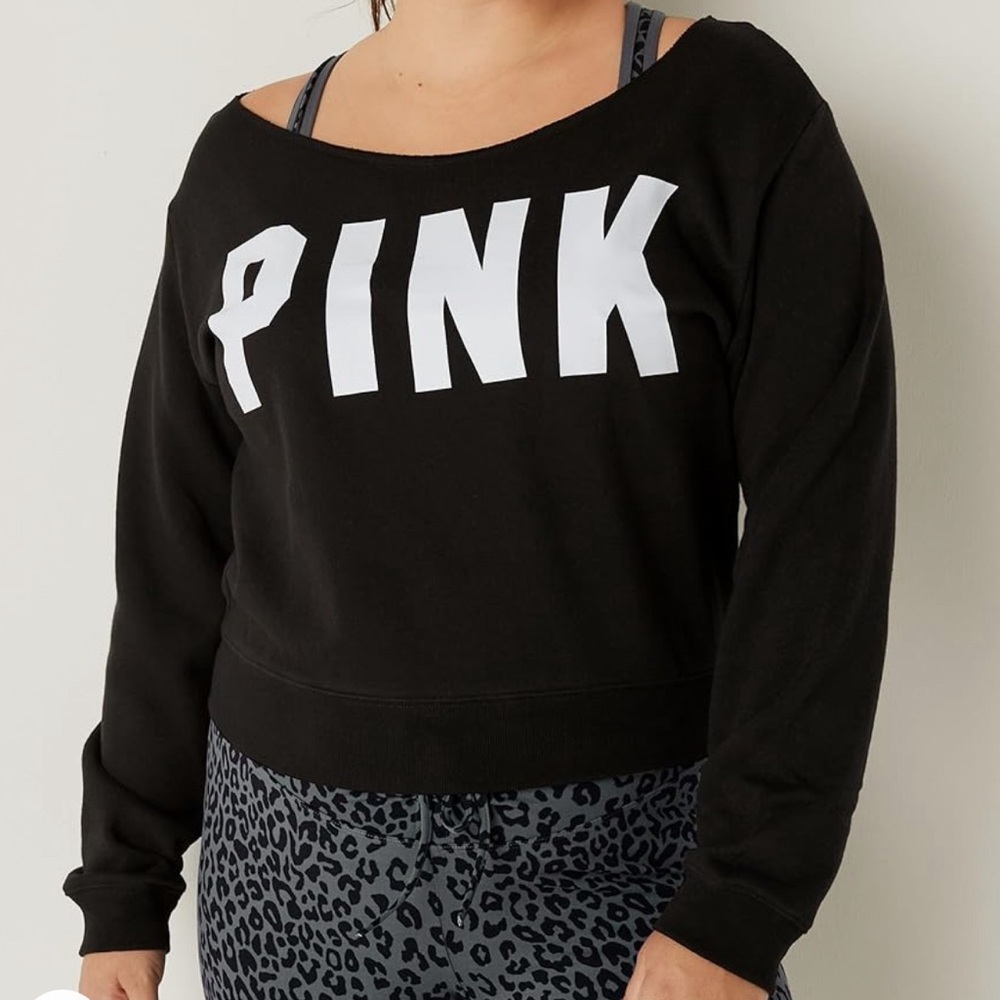 NWT PINK / Victoria's Secret black fleece cropped off-shoulder sweatshirt, sz L
